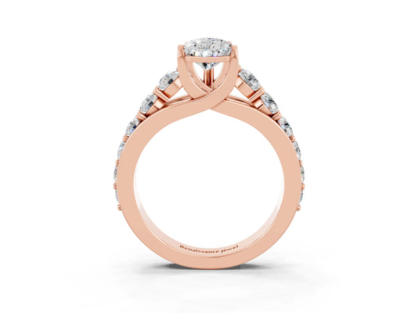 Rose gold Pear Cut Moissanite Engagement Ring with Pavé Band and Four-Prong Setting