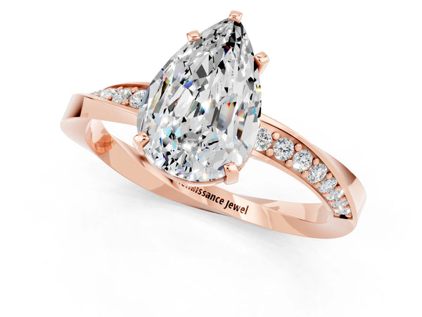 Rose gold Pear Cut Moissanite Engagement Ring with Side Stone Accents and Four-Prong Setting