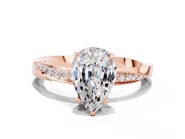 Rose gold Pear Cut Moissanite Engagement Ring with Side Stone Accents and Four-Prong Setting