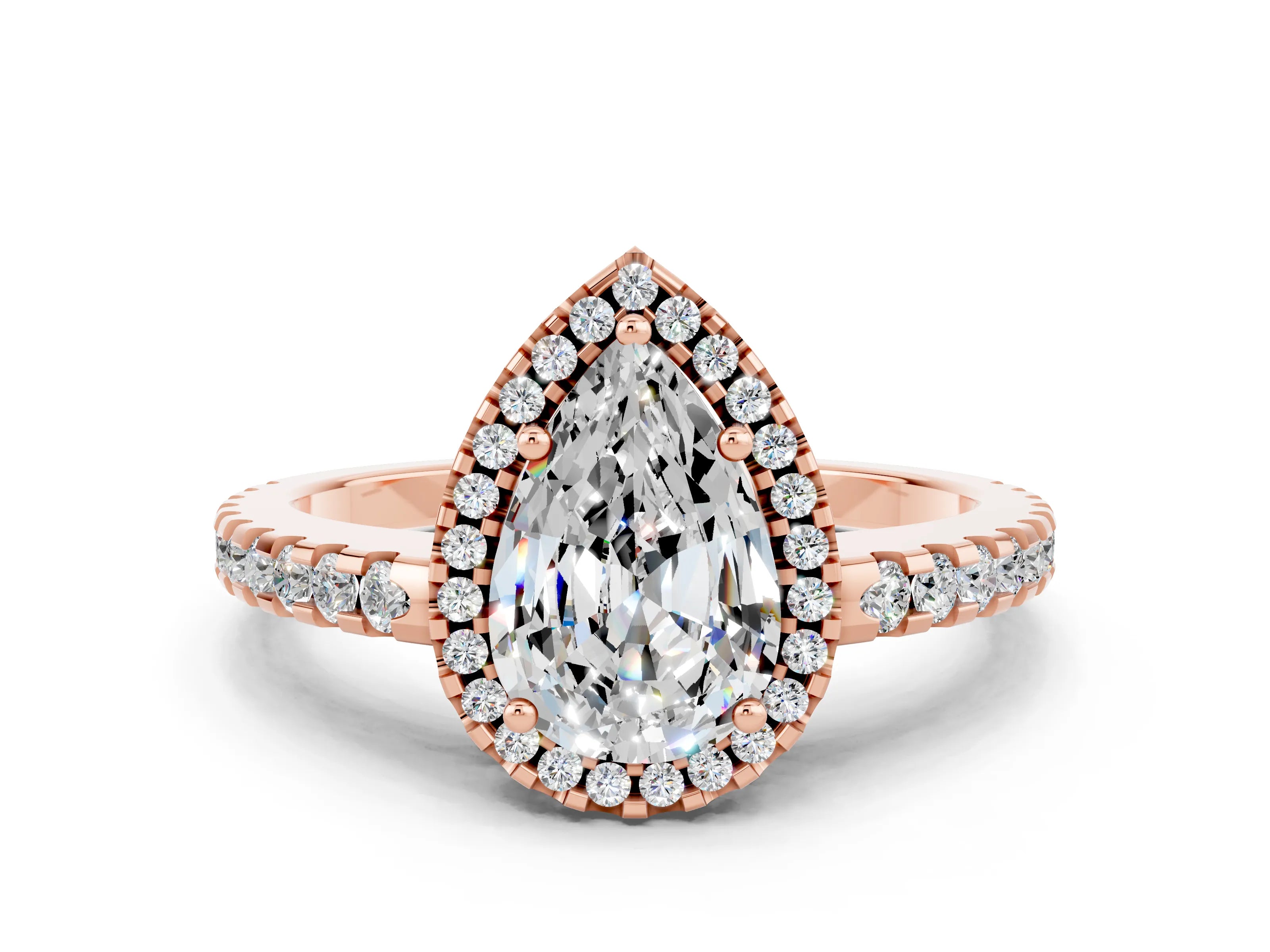Rose gold Pear Cut Moissanite Halo Engagement Ring with Pavé Band and Prong Setting_12