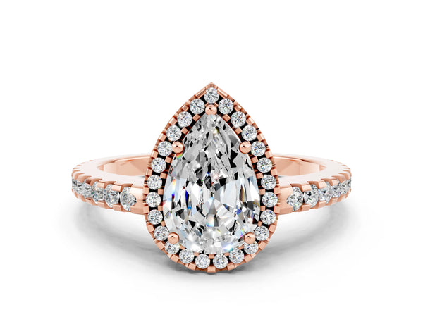 Rose gold Pear Cut Moissanite Halo Engagement Ring with Pavé Band and Prong Setting