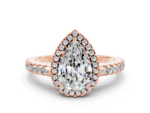 Rose gold Pear Cut Moissanite Halo Engagement Ring with Pavé Band and Prong Setting_12