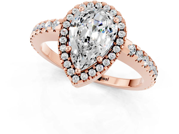 Rose gold Pear Cut Moissanite Halo Engagement Ring with Pavé Band and Prong Setting