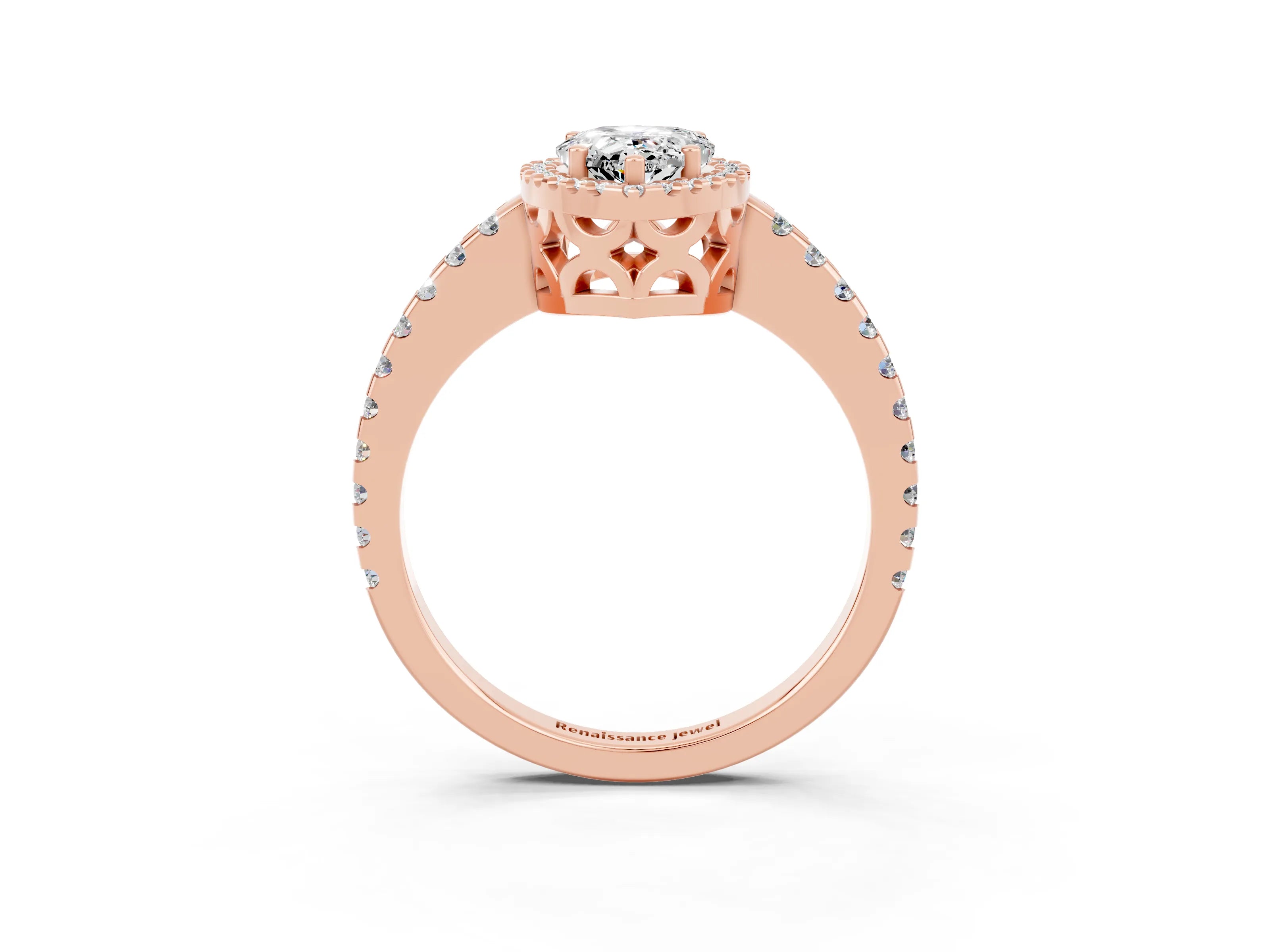 Rose gold Pear Cut Moissanite Halo Engagement Ring with Pavé Band and Prong Setting_15