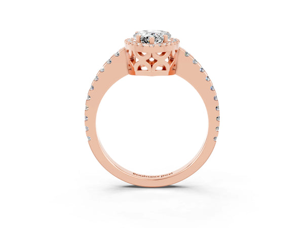 Rose gold Pear Cut Moissanite Halo Engagement Ring with Pavé Band and Prong Setting
