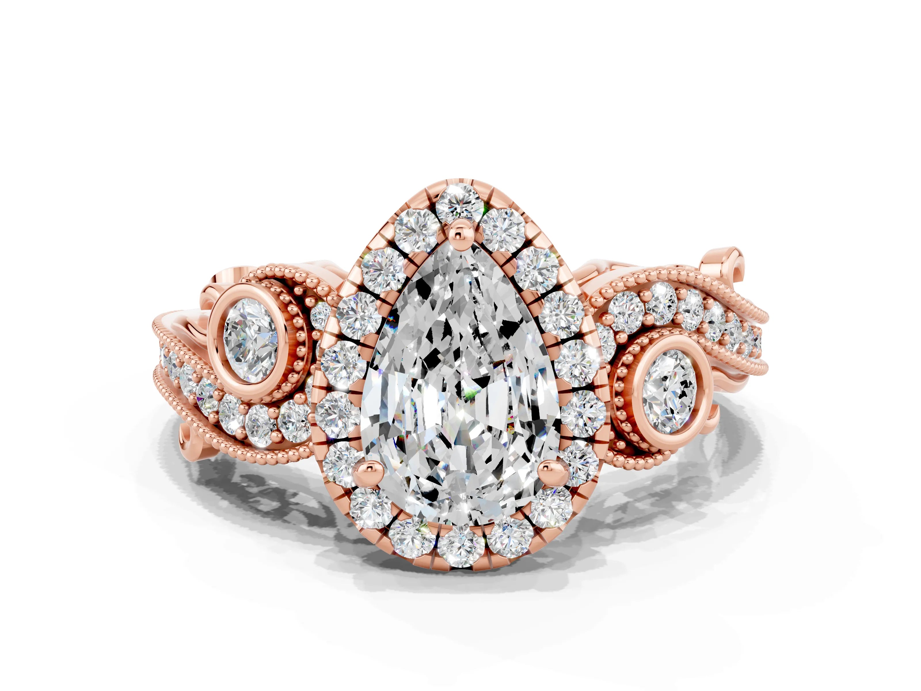 Rose gold Pear Cut Moissanite Halo Ring with Milgrain Pavé Band and Four-Prong Setting_12