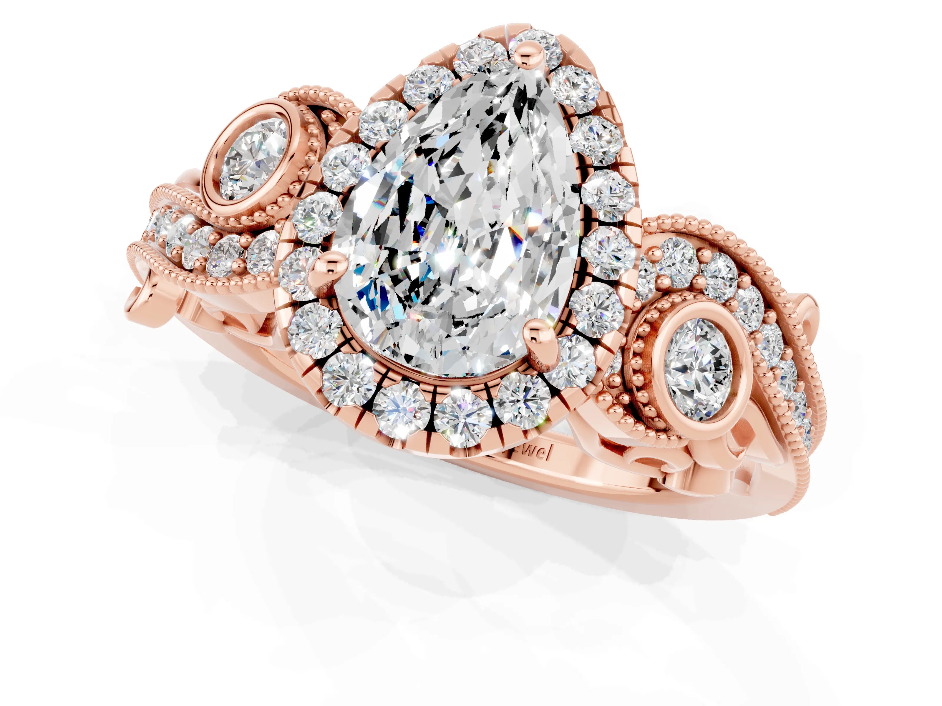 Rose gold Pear Cut Moissanite Halo Ring with Milgrain Pavé Band and Four-Prong Setting_13