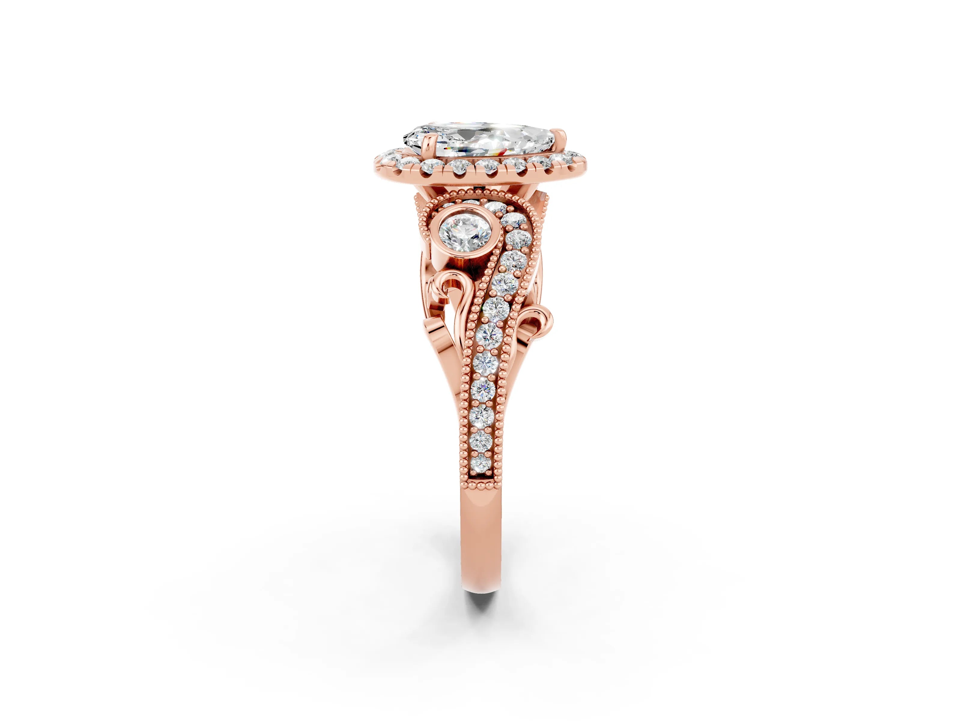Rose gold Pear Cut Moissanite Halo Ring with Milgrain Pavé Band and Four-Prong Setting_14