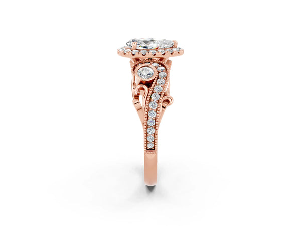 Rose gold Pear Cut Moissanite Halo Ring with Milgrain Pavé Band and Four-Prong Setting