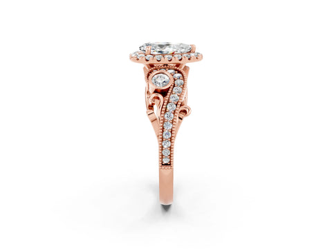 Rose gold Pear Cut Moissanite Halo Ring with Milgrain Pavé Band and Four-Prong Setting_14