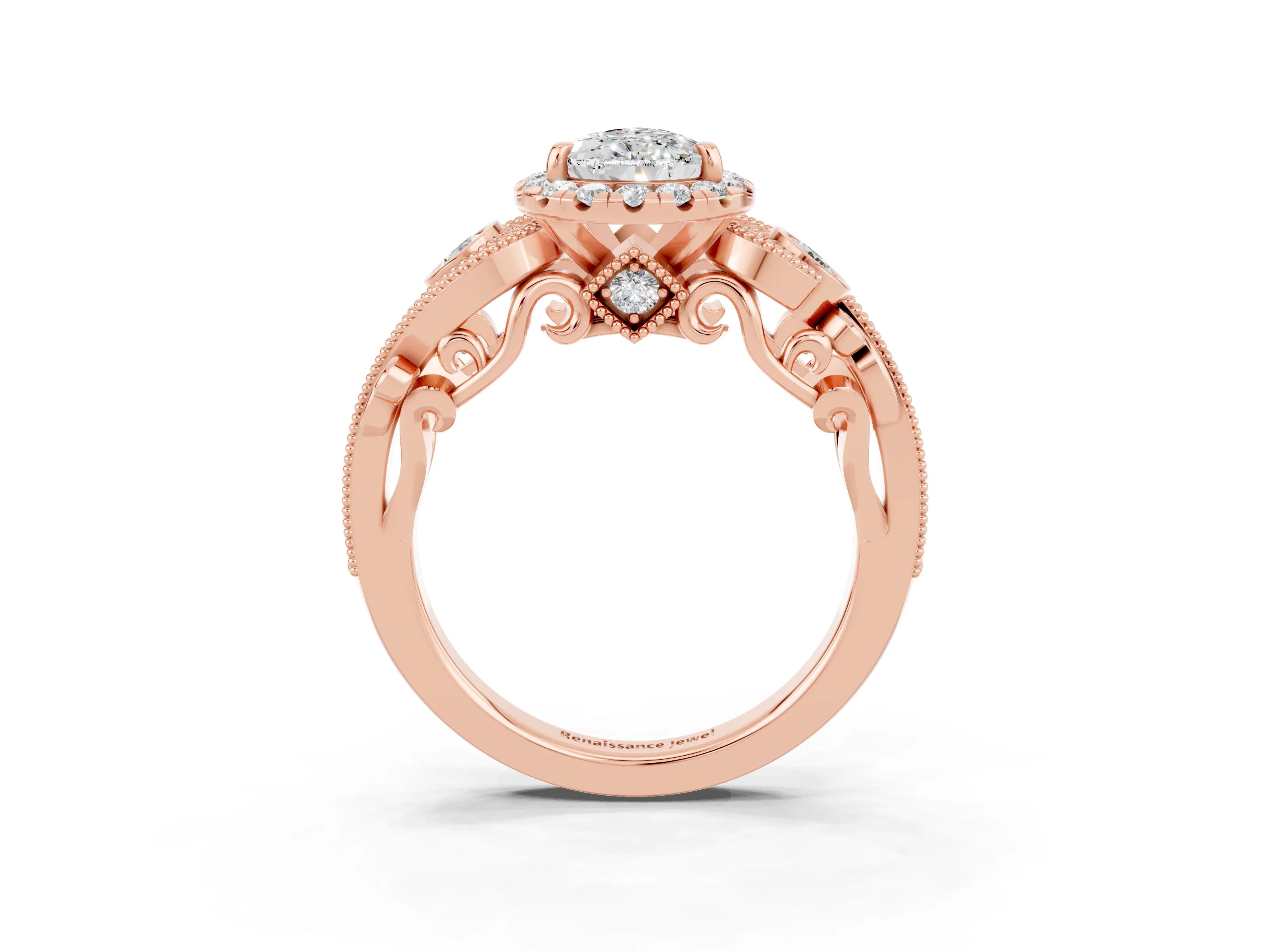 Rose gold Pear Cut Moissanite Halo Ring with Milgrain Pavé Band and Four-Prong Setting_15