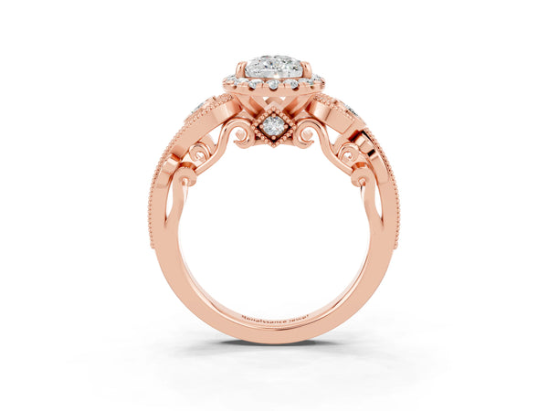Rose gold Pear Cut Moissanite Halo Ring with Milgrain Pavé Band and Four-Prong Setting