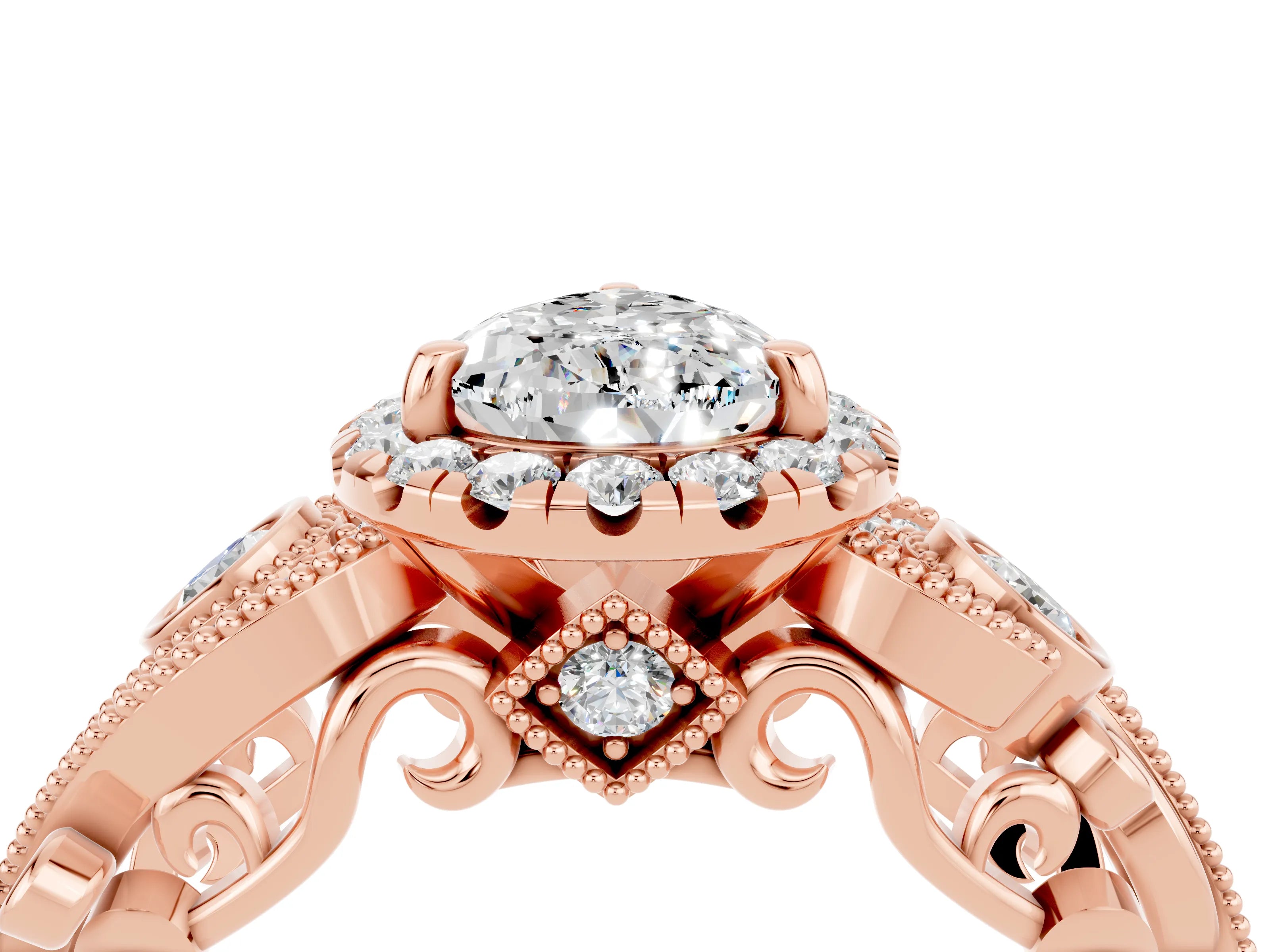 Rose gold Pear Cut Moissanite Halo Ring with Milgrain Pavé Band and Four-Prong Setting_16