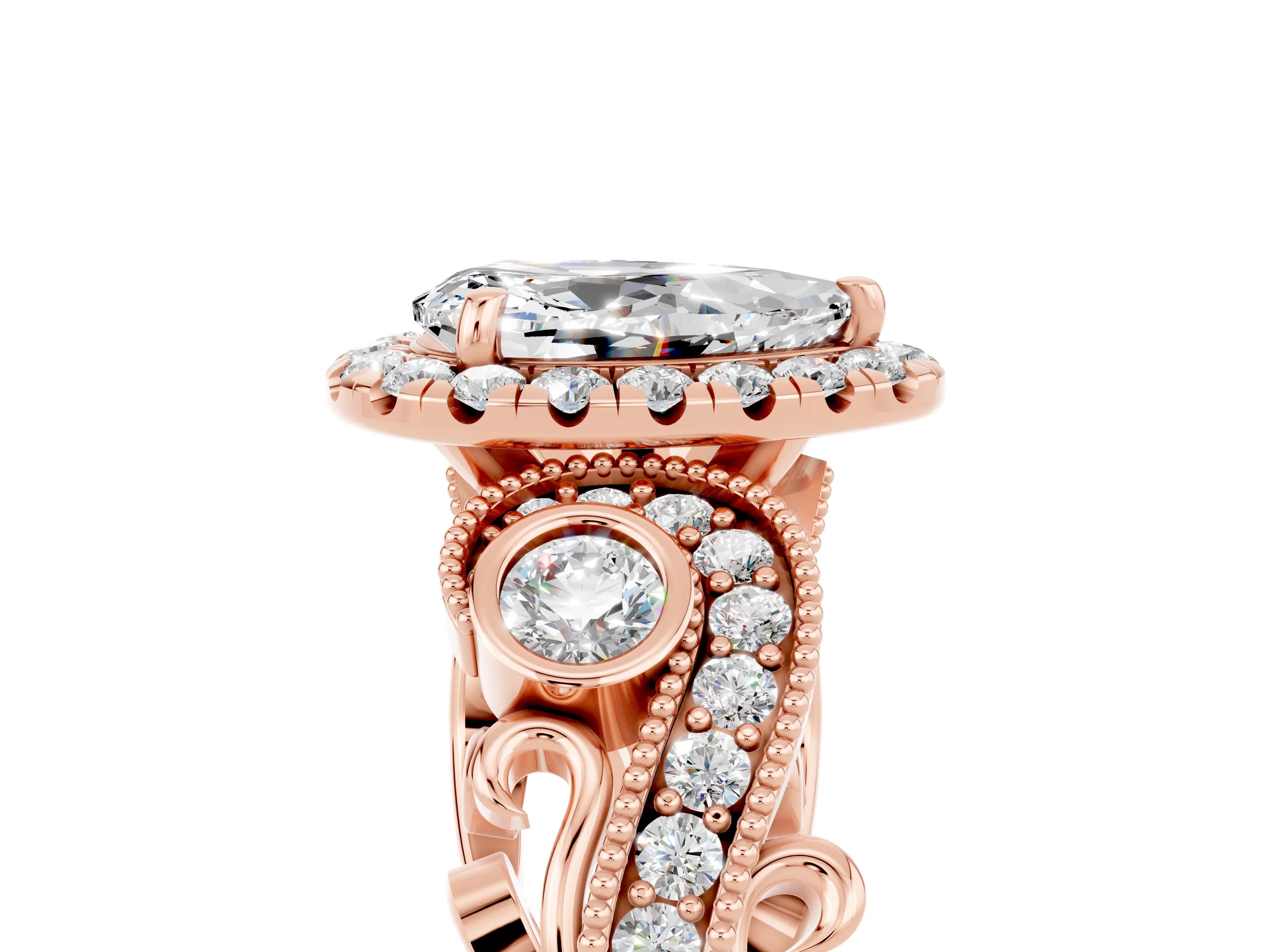 Rose gold Pear Cut Moissanite Halo Ring with Milgrain Pavé Band and Four-Prong Setting_17