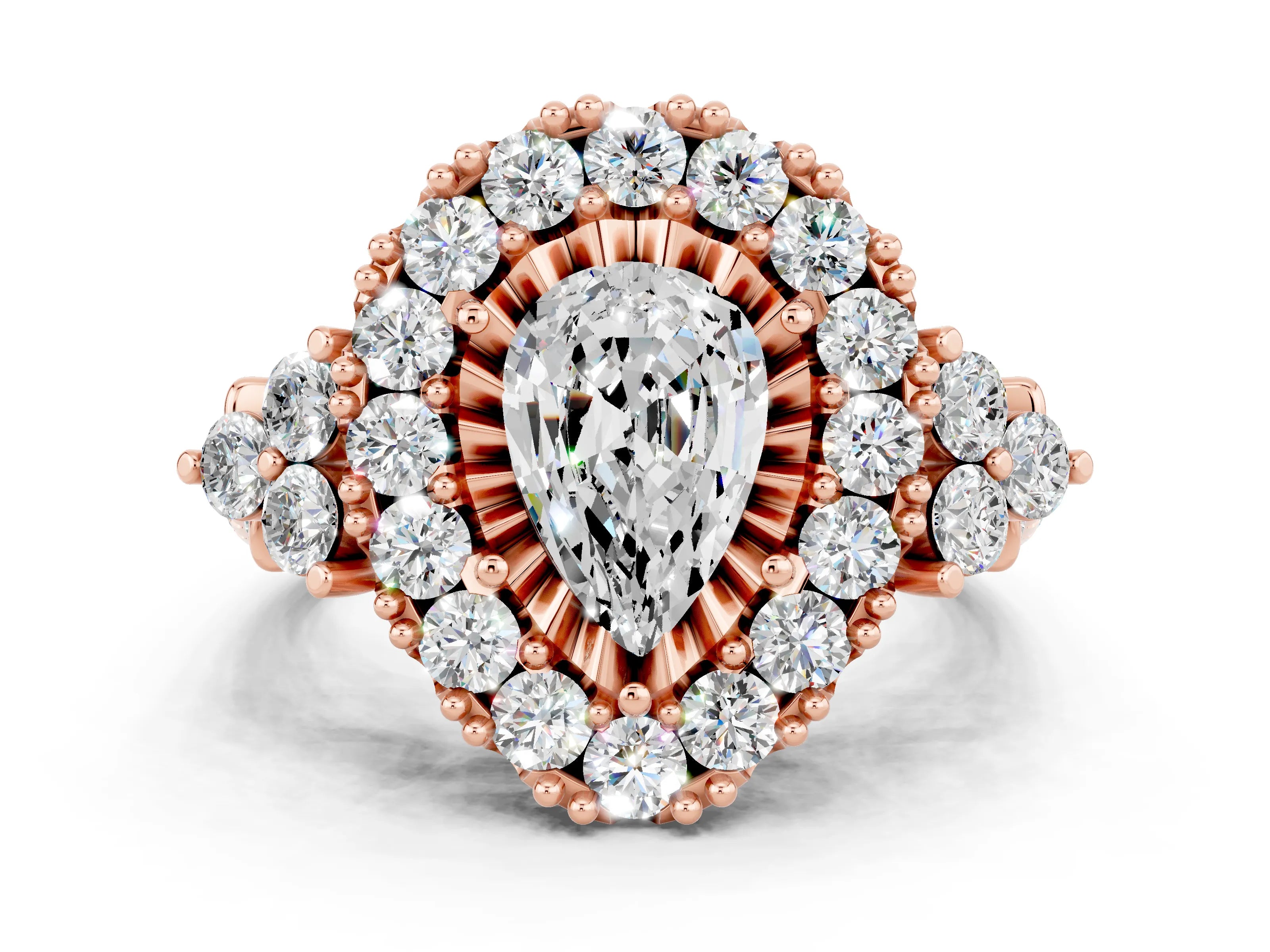 Rose gold Pear Cut Moissanite Halo Ring with Pavé Band and Four-Prong Setting_12