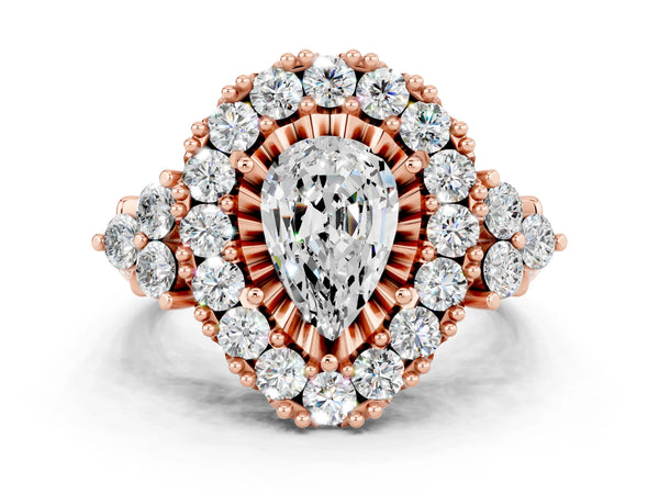 Rose gold Pear Cut Moissanite Halo Ring with Pavé Band and Four-Prong Setting