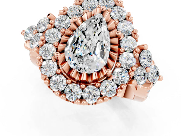 Rose gold Pear Cut Moissanite Halo Ring with Pavé Band and Four-Prong Setting