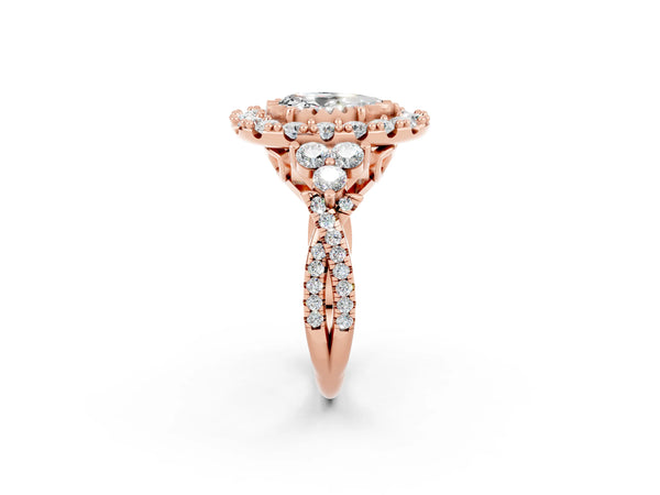 Rose gold Pear Cut Moissanite Halo Ring with Pavé Band and Four-Prong Setting
