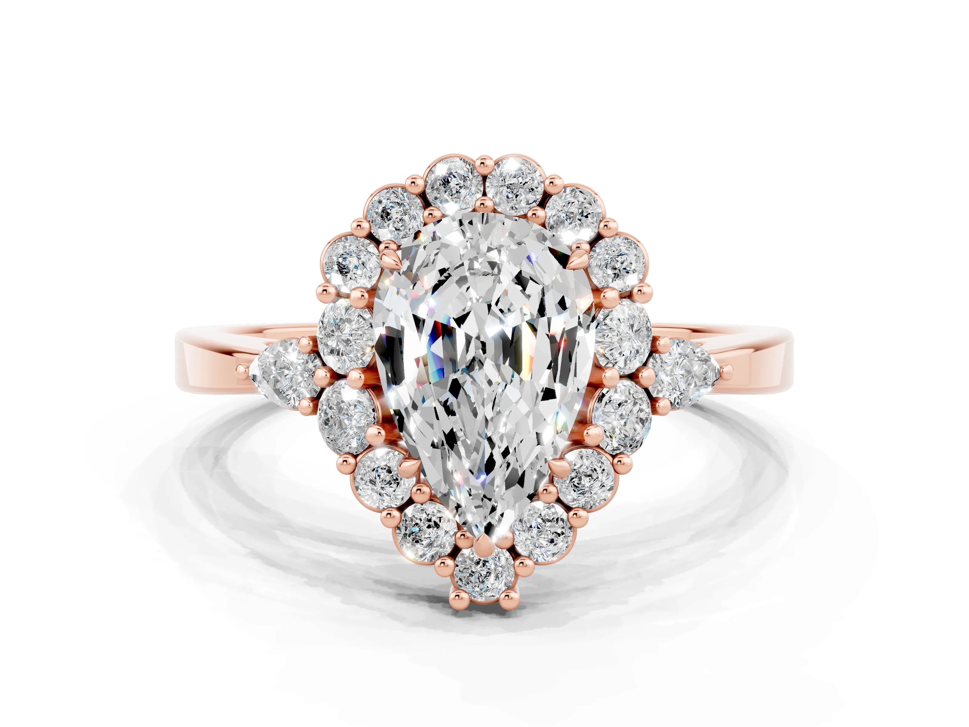 Rose gold Pear Cut Moissanite Halo Ring with Pear Side Stones and Prong Setting_12