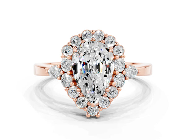 Rose gold Pear Cut Moissanite Halo Ring with Pear Side Stones and Prong Setting