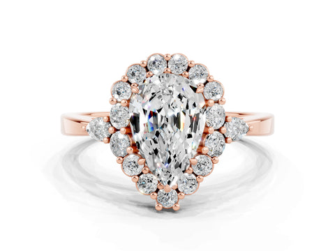 Rose gold Pear Cut Moissanite Halo Ring with Pear Side Stones and Prong Setting_12