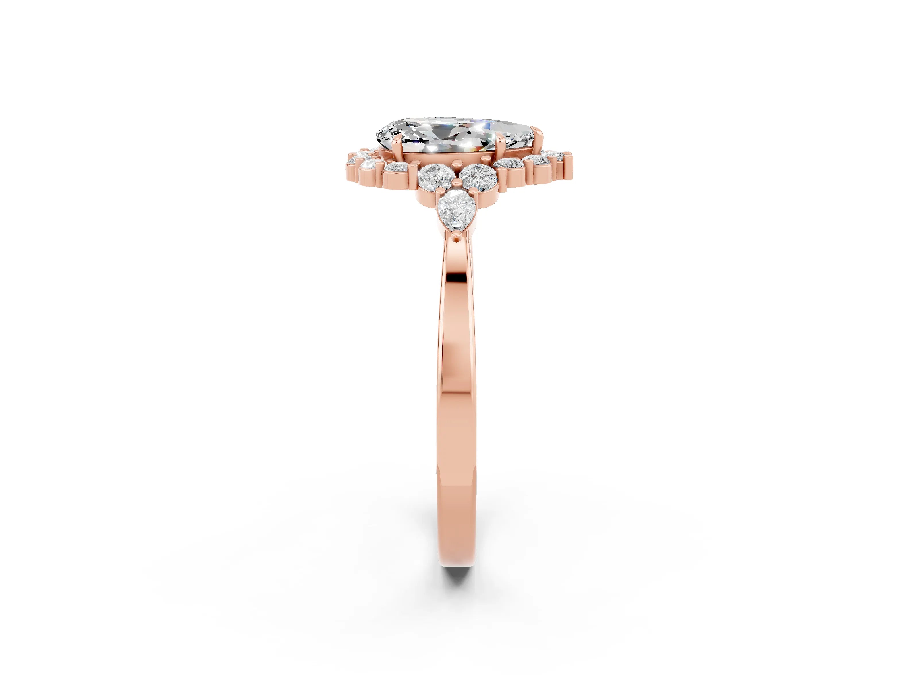 Rose gold Pear Cut Moissanite Halo Ring with Pear Side Stones and Prong Setting_14