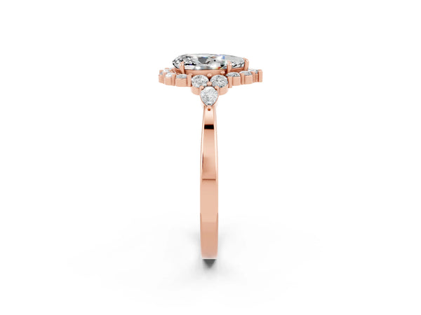 Rose gold Pear Cut Moissanite Halo Ring with Pear Side Stones and Prong Setting
