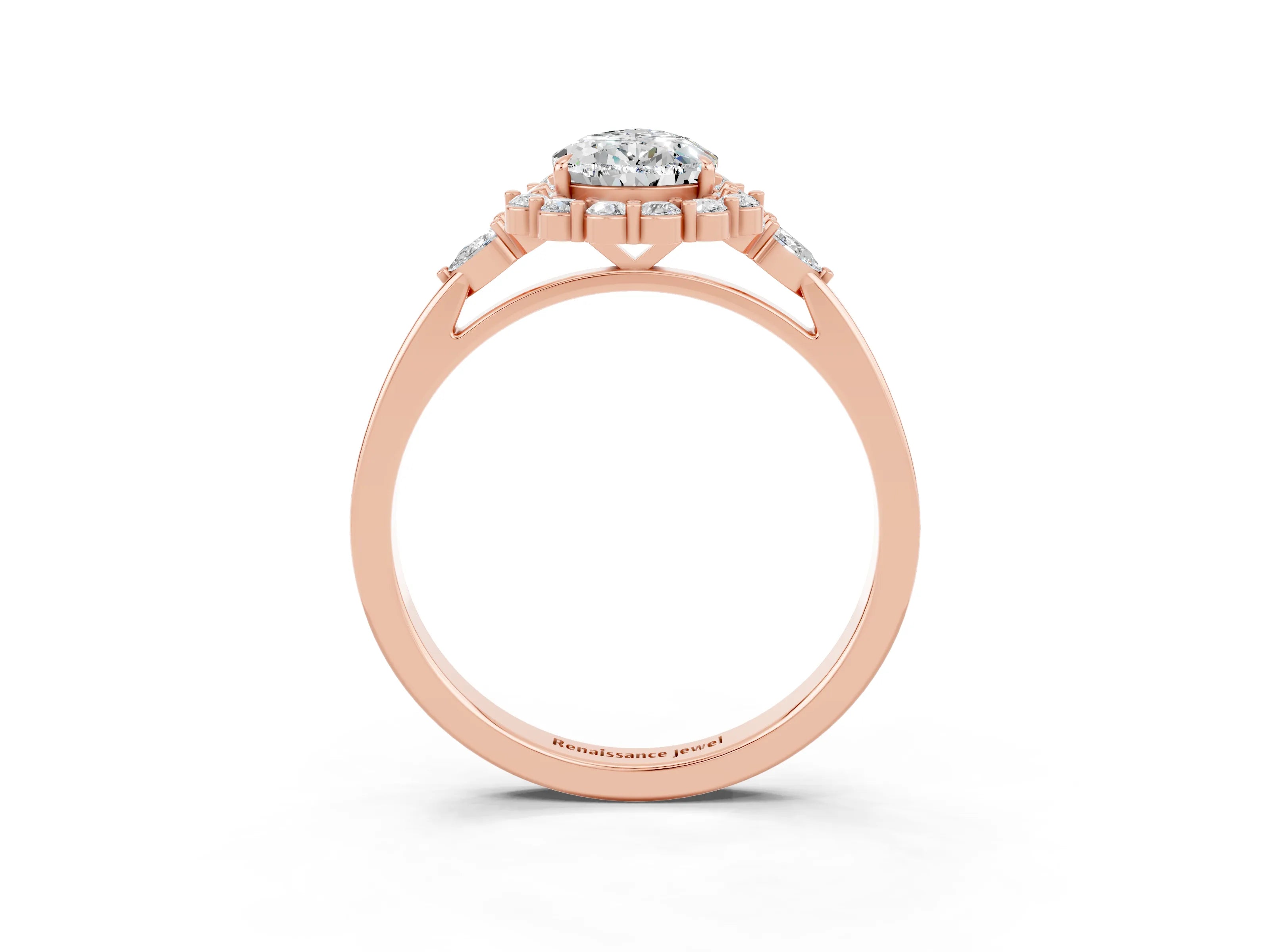 Rose gold Pear Cut Moissanite Halo Ring with Pear Side Stones and Prong Setting_15