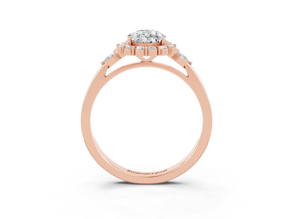 Rose gold Pear Cut Moissanite Halo Ring with Pear Side Stones and Prong Setting