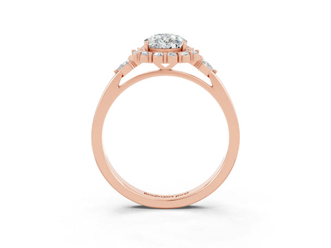 Rose gold Pear Cut Moissanite Halo Ring with Pear Side Stones and Prong Setting_15