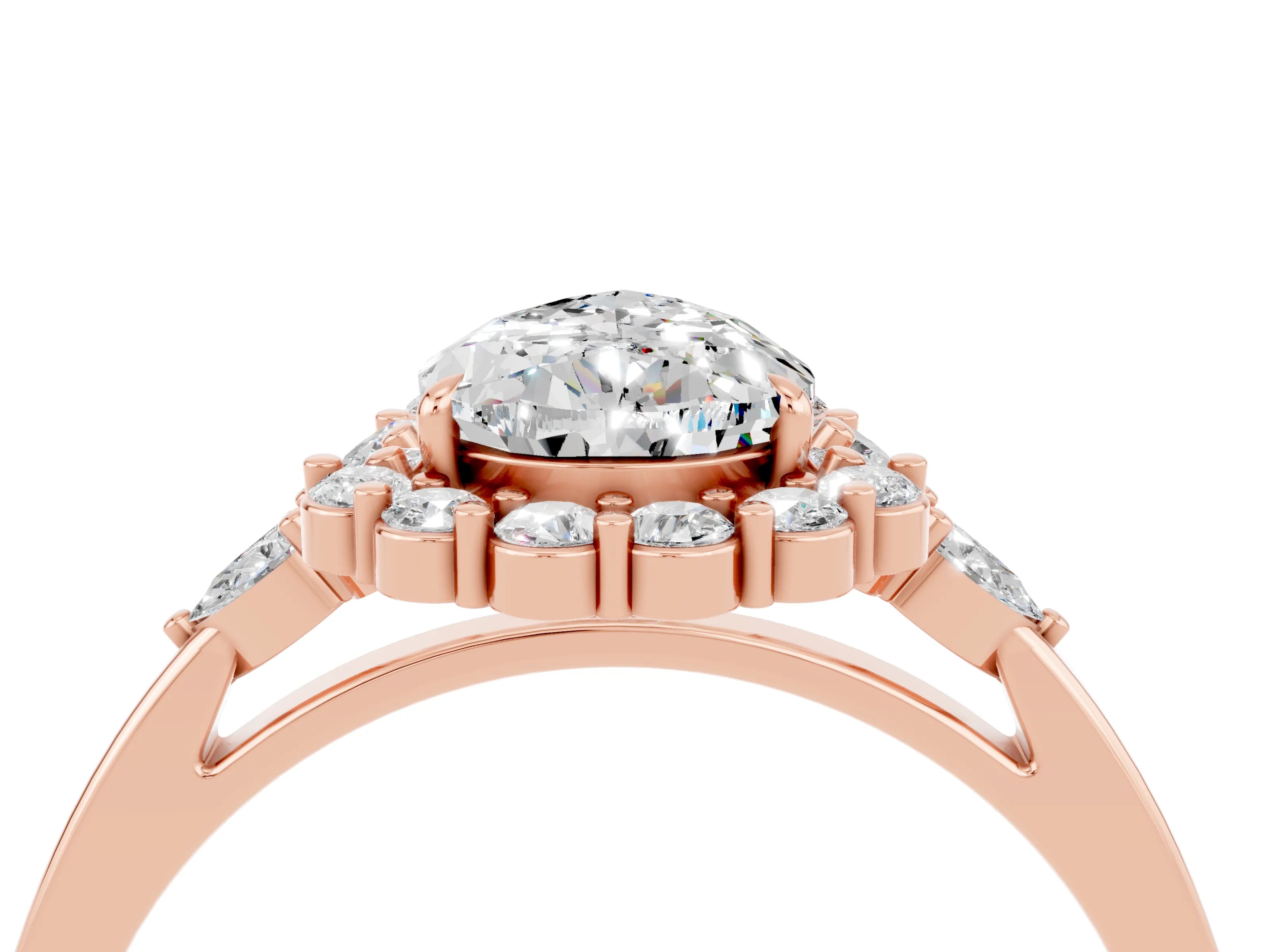 Rose gold Pear Cut Moissanite Halo Ring with Pear Side Stones and Prong Setting_16