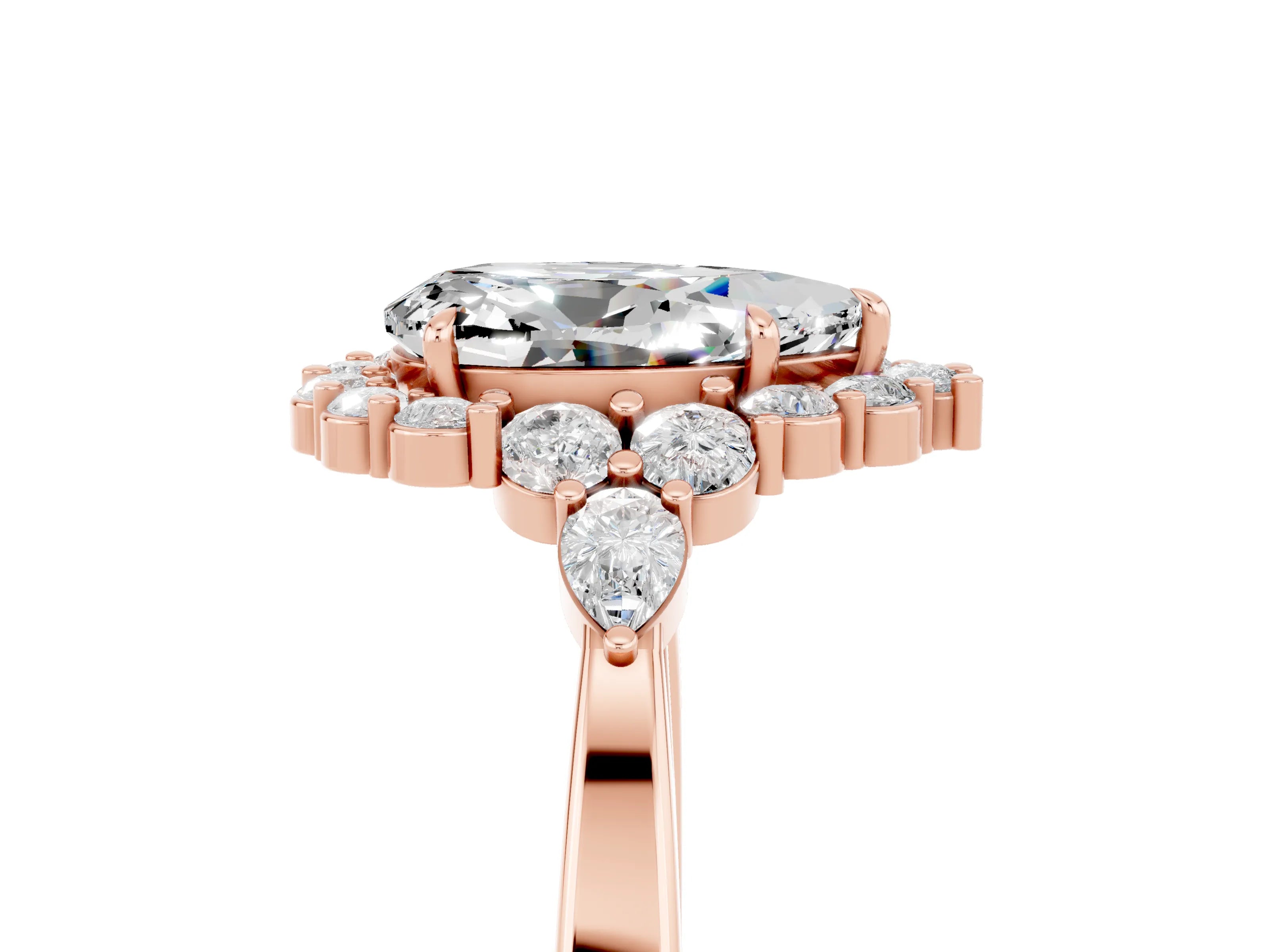 Rose gold Pear Cut Moissanite Halo Ring with Pear Side Stones and Prong Setting_17
