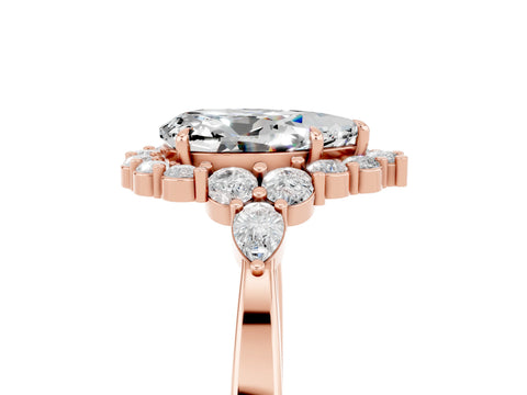 Rose gold Pear Cut Moissanite Halo Ring with Pear Side Stones and Prong Setting_17