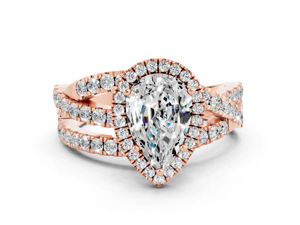 Rose gold Pear Cut Moissanite Halo Ring with Round Split Shank and Prong Setting