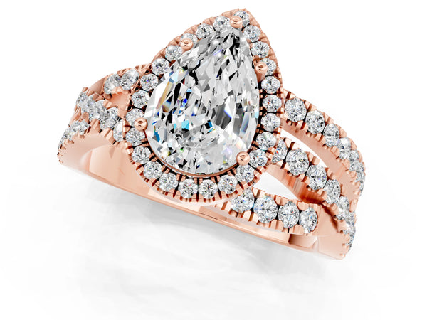 Rose gold Pear Cut Moissanite Halo Ring with Round Split Shank and Prong Setting