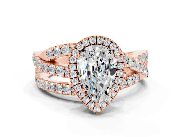Rose gold Pear Cut Moissanite Halo Ring with Round Split Shank and Prong Setting