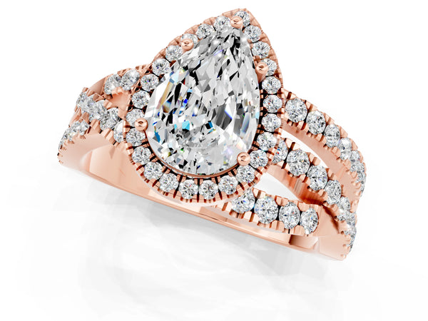 Rose gold Pear Cut Moissanite Halo Ring with Round Split Shank and Prong Setting