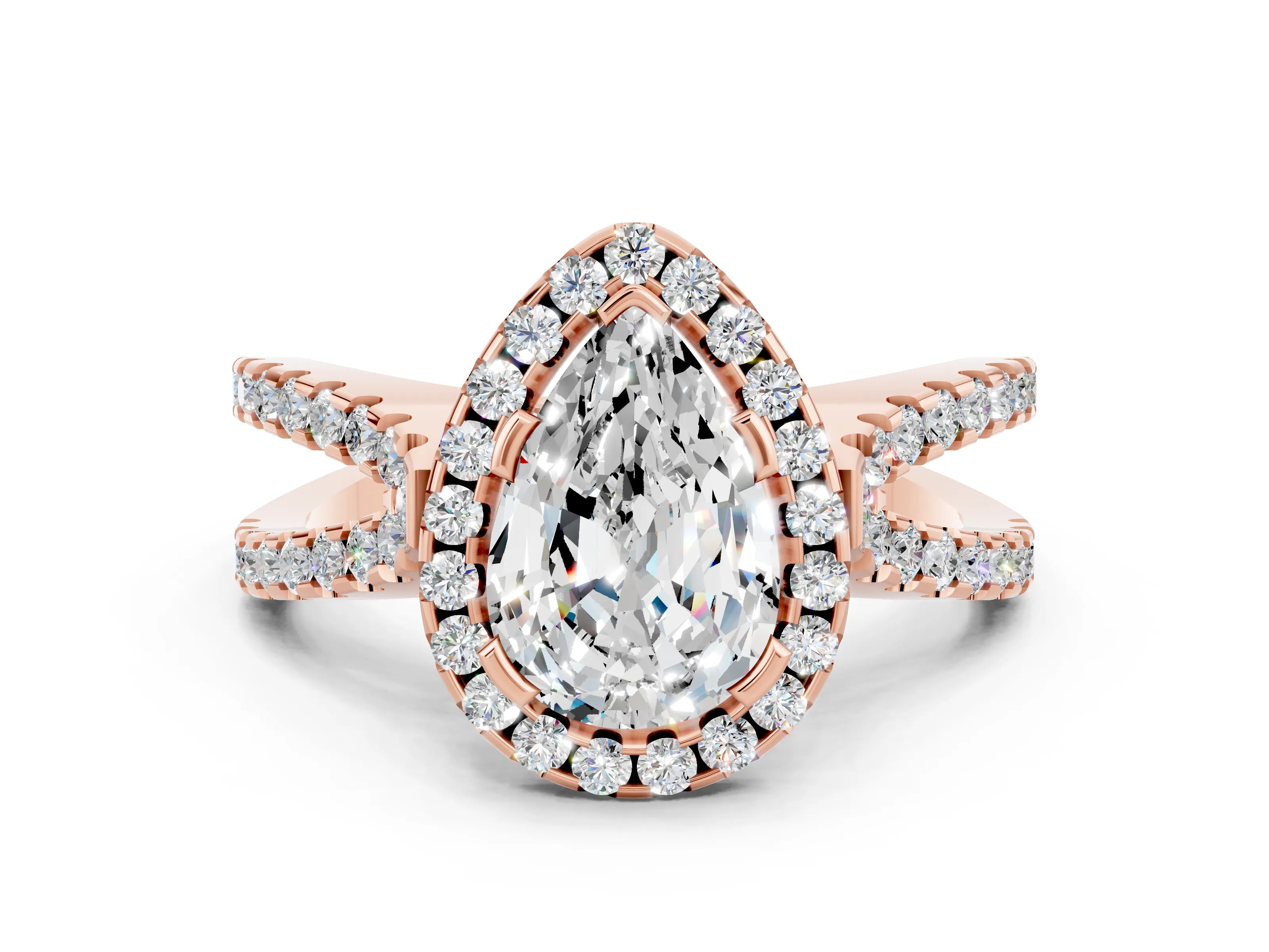 Rose gold Pear Cut Moissanite Halo Ring with Split Shank Pavé Band and Prong Setting