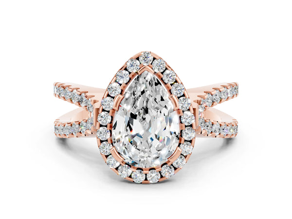 Rose gold Pear Cut Moissanite Halo Ring with Split Shank Pavé Band and Prong Setting
