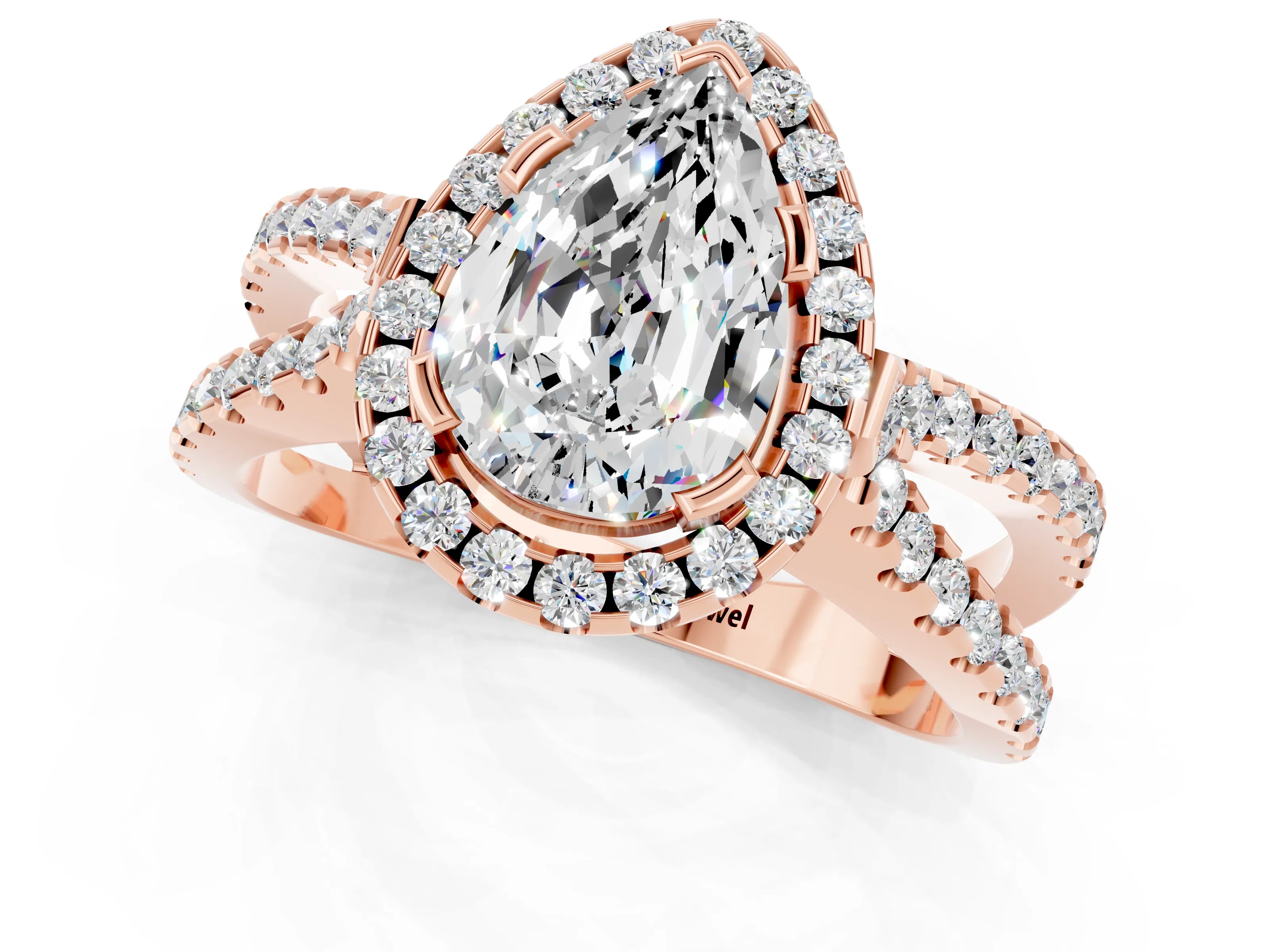 Rose gold Pear Cut Moissanite Halo Ring with Split Shank Pavé Band and Prong Setting_1