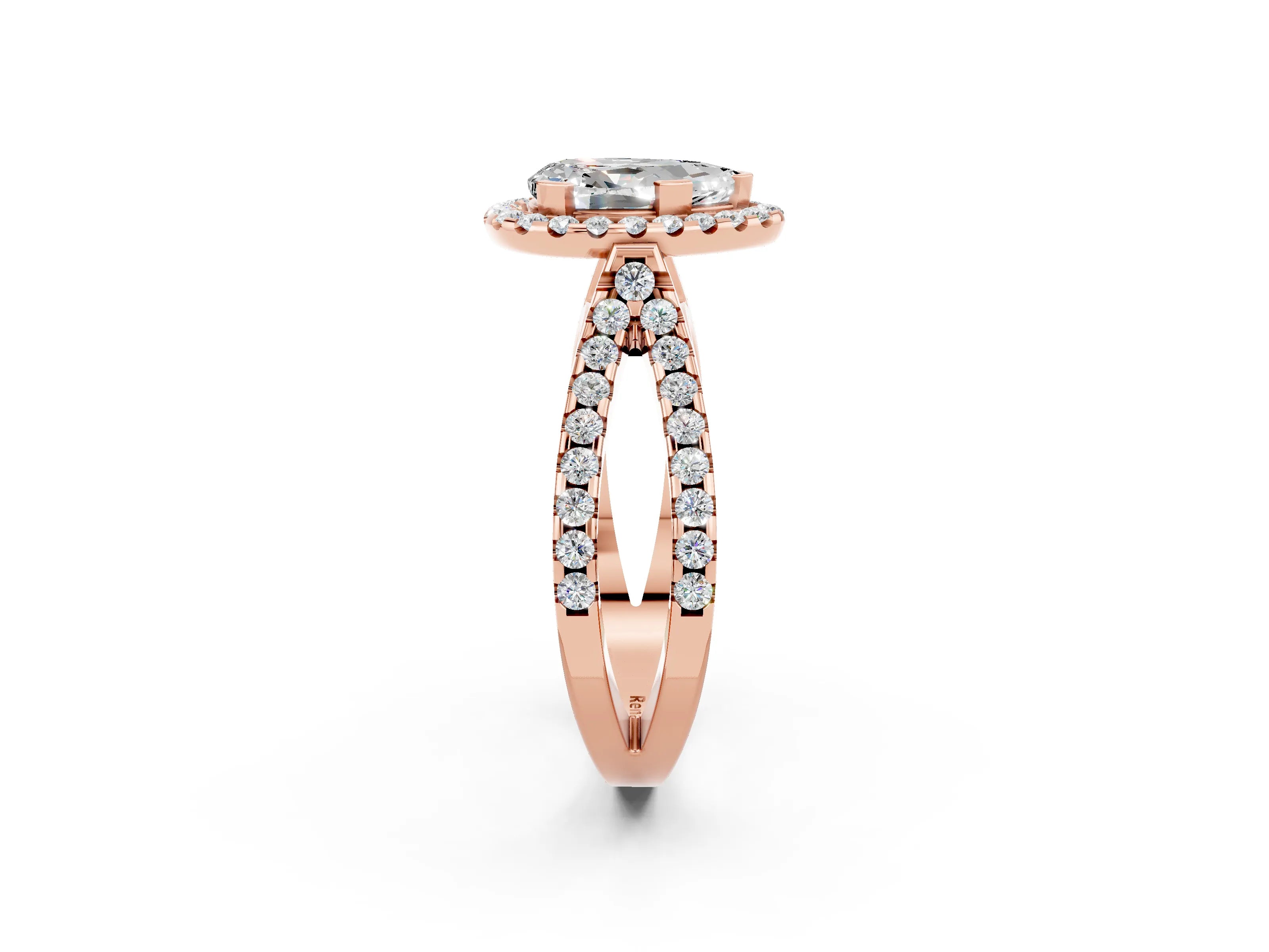 Rose gold Pear Cut Moissanite Halo Ring with Split Shank Pavé Band and Prong Setting_2