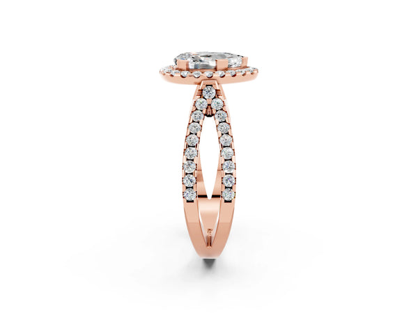 Rose gold Pear Cut Moissanite Halo Ring with Split Shank Pavé Band and Prong Setting