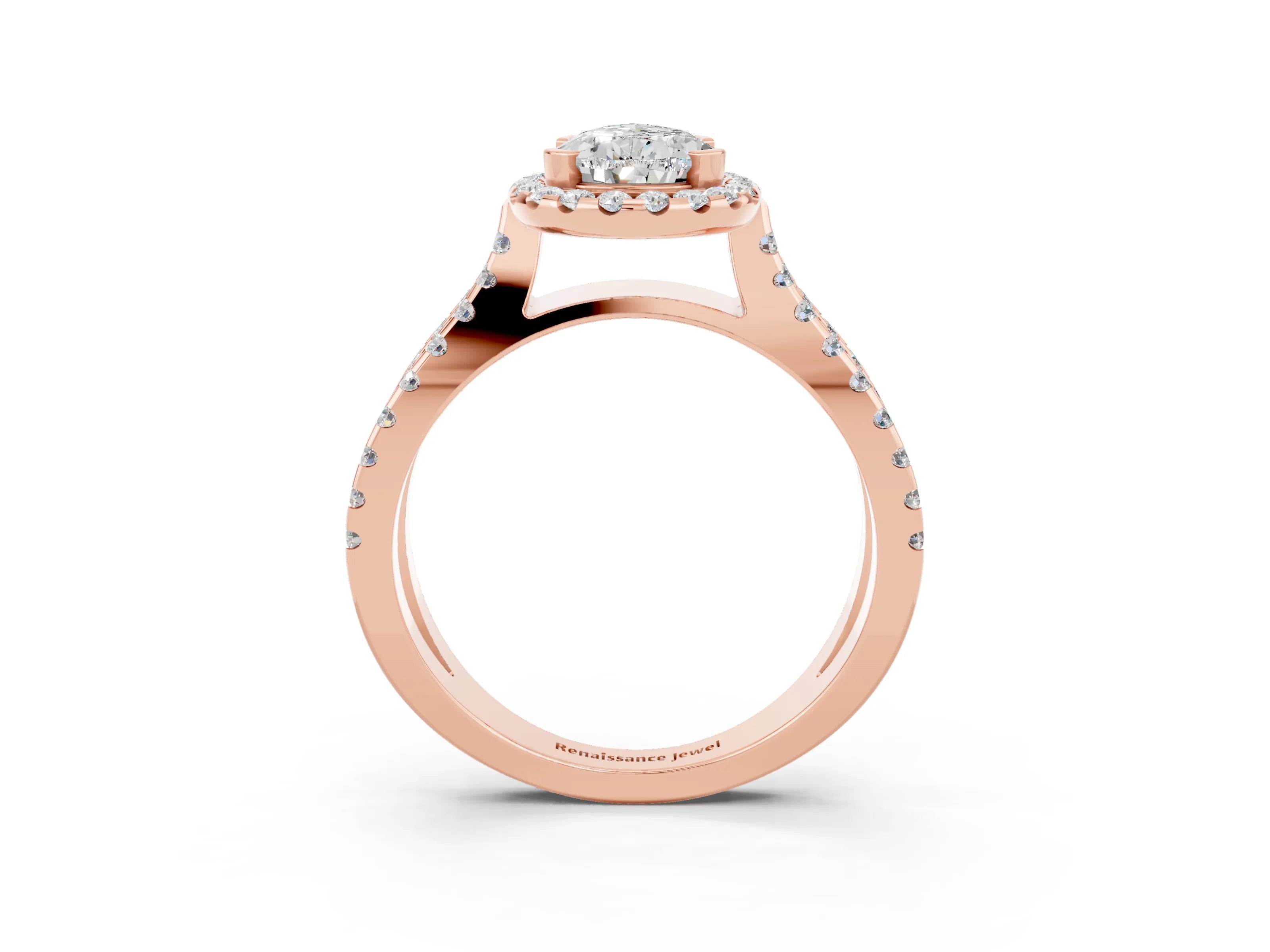 Rose gold Pear Cut Moissanite Halo Ring with Split Shank Pavé Band and Prong Setting_3