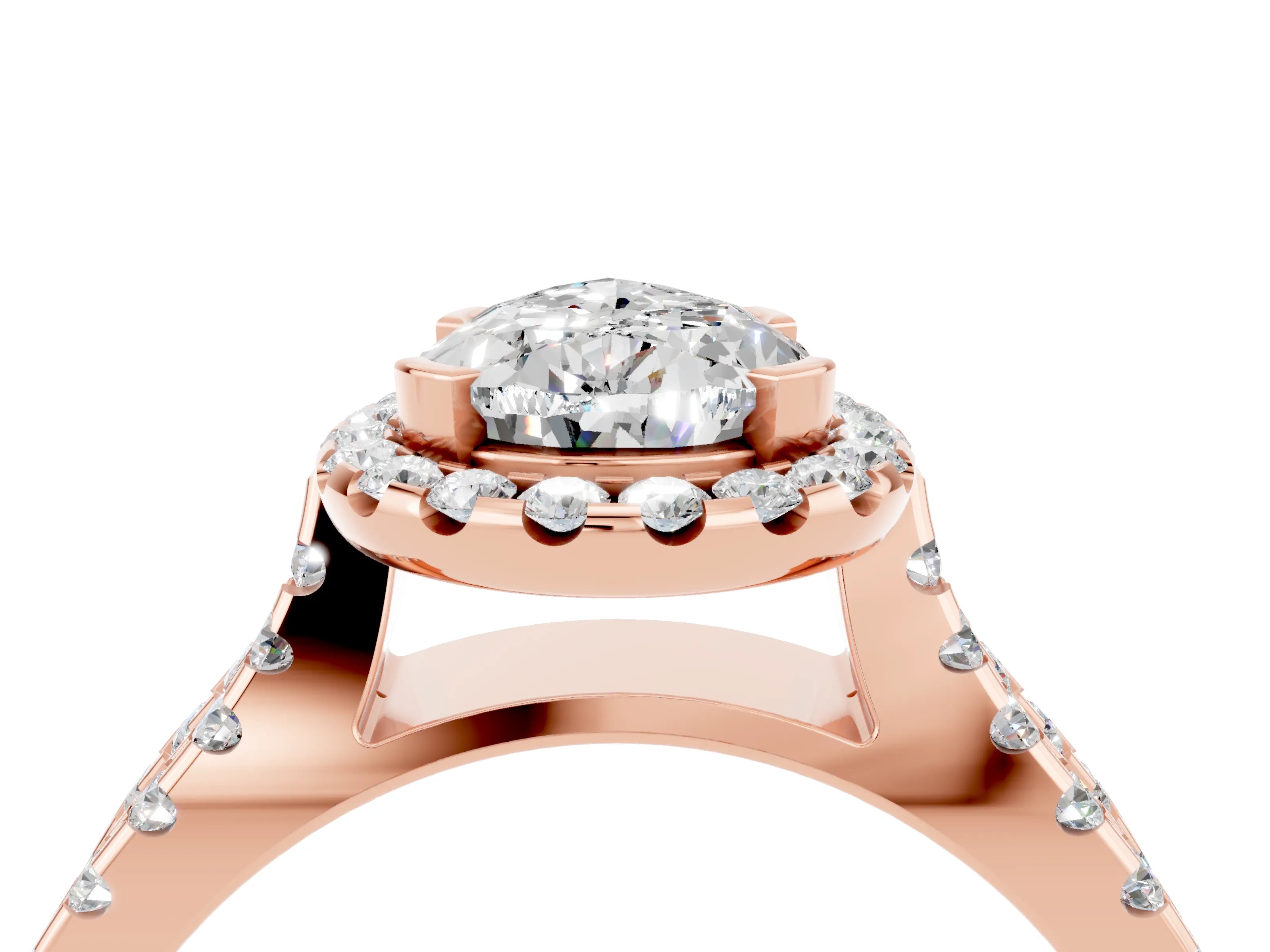 Rose gold Pear Cut Moissanite Halo Ring with Split Shank Pavé Band and Prong Setting_4