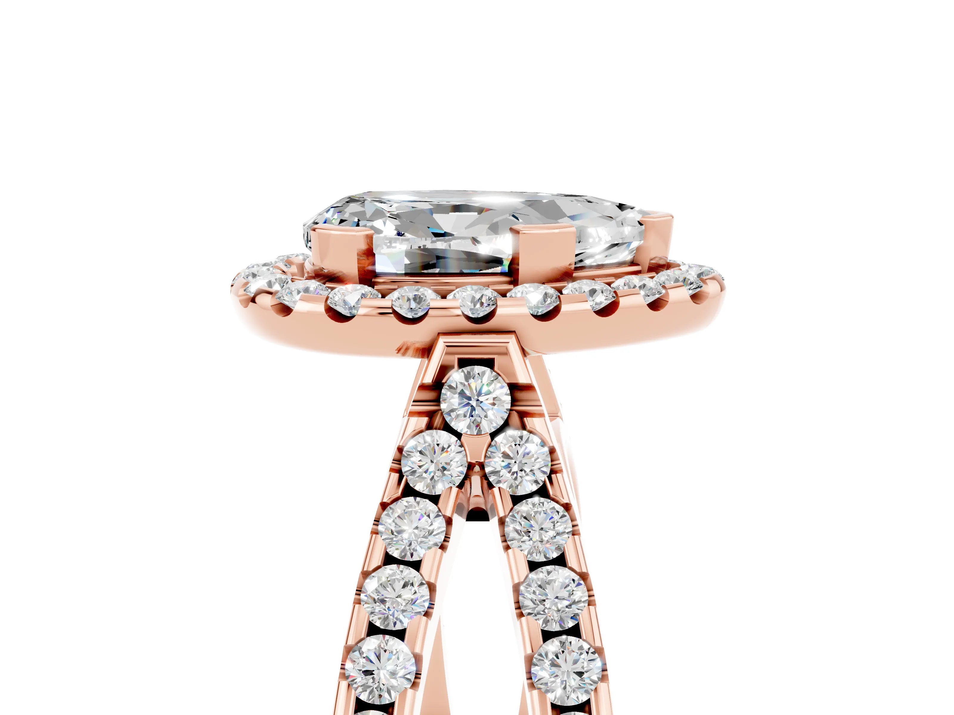 Rose gold Pear Cut Moissanite Halo Ring with Split Shank Pavé Band and Prong Setting_5