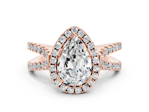 Rose gold Pear Cut Moissanite Halo Ring with Split Shank Pavé Band and Prong Setting
