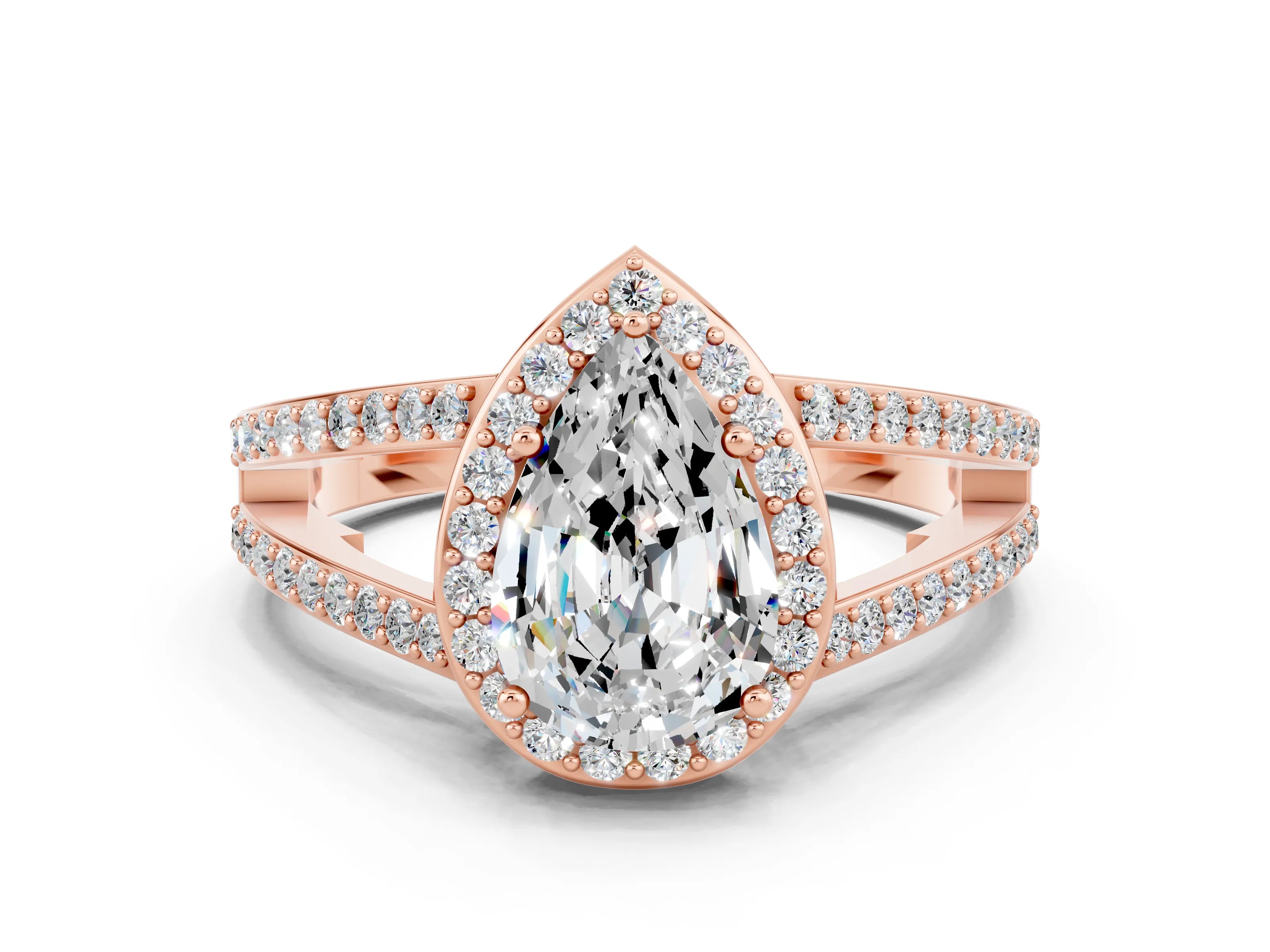 Rose gold Pear Cut Moissanite Halo Ring with Split Shank U-Prong Band and Four-Prong Setting