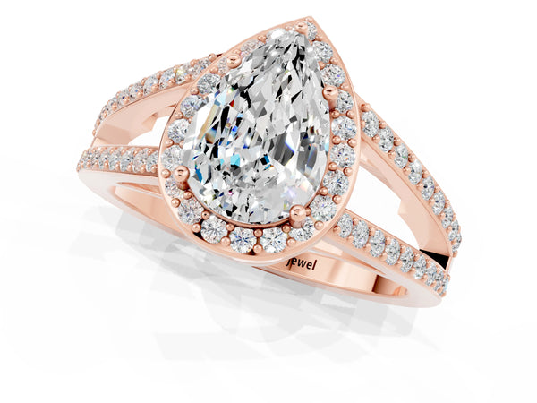 Rose gold Pear Cut Moissanite Halo Ring with Split Shank U-Prong Band and Four-Prong Setting