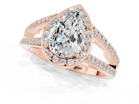 Rose gold Pear Cut Moissanite Halo Ring with Split Shank U-Prong Band and Four-Prong Setting_1