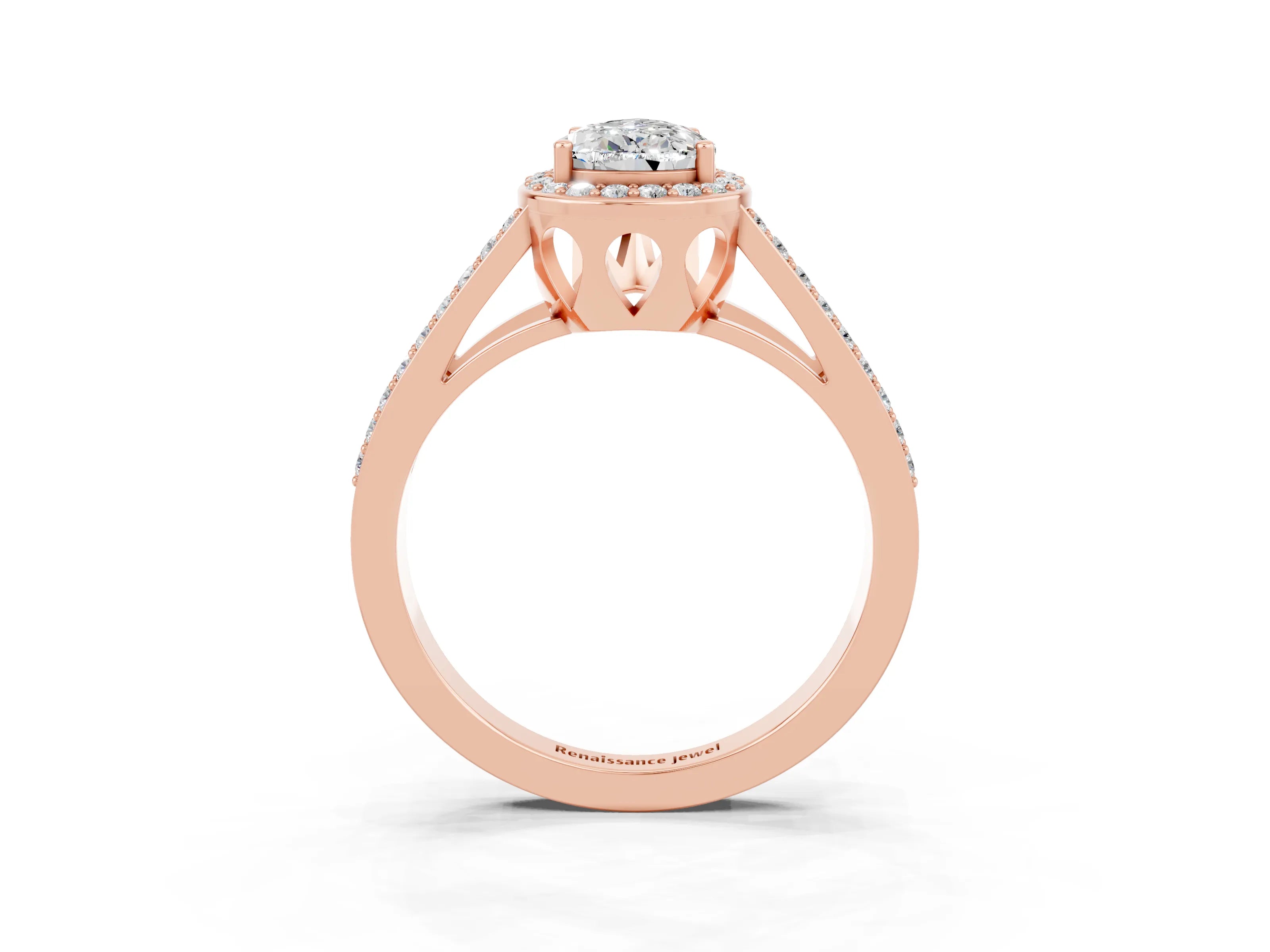 Rose gold Pear Cut Moissanite Halo Ring with Split Shank U-Prong Band and Four-Prong Setting_3